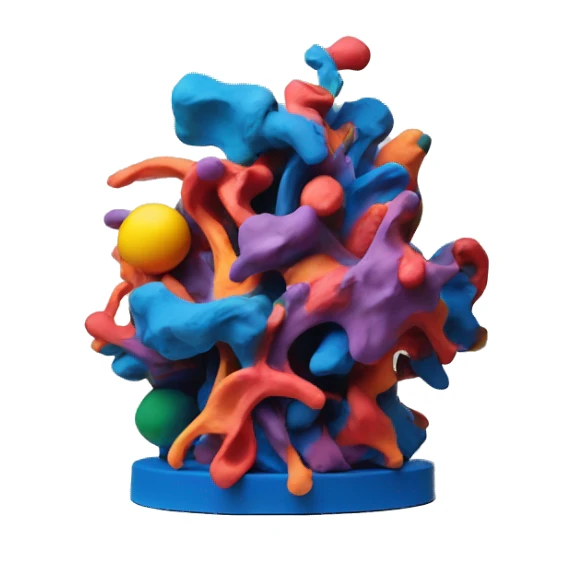 a colorful abstract sculpture made with modeling clay on top of a white plinth sticker