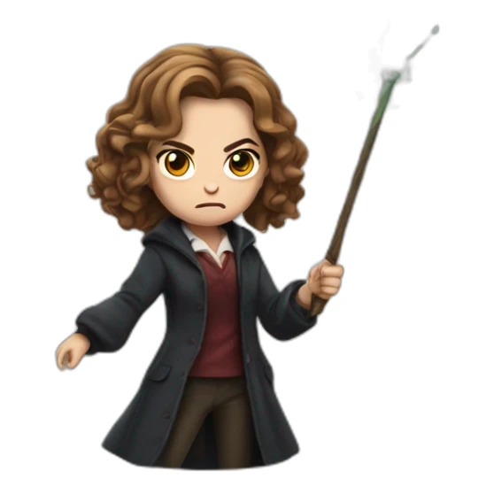 hermione granger holding a wand with an angry face sticker