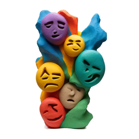 three colorful abstract sculpture realized with modeling clay on a white plinth sticker