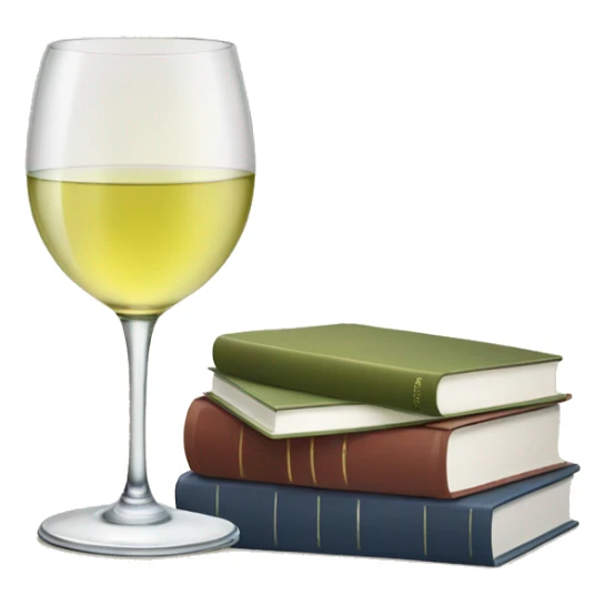 a glass of white wine and a stack of books sticker