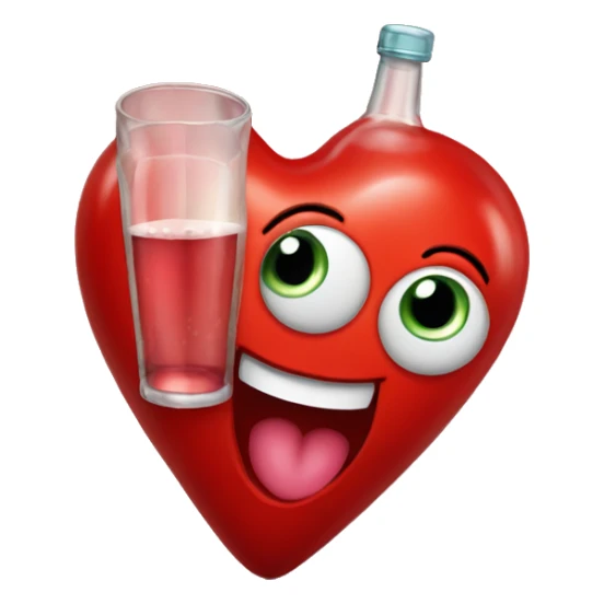 A red heart ❤️ with eyes, a mouth, and hands, tipsy and drunk, holding a bottle, looking wobbly and playful sticker