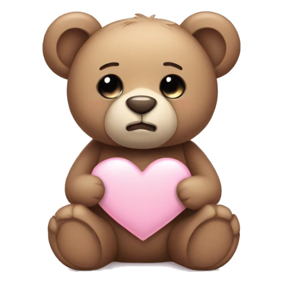 Teddy bear with sad eyes holding a pastel pink heart sticker