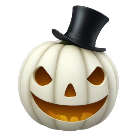 a white pumpkin with a face with a tongue out and a top hat  sticker