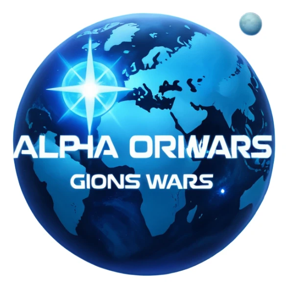 The image is a sci-fi poster with glowing blue text that reads “ALPHA ORIONIS WARS.” A bright blue planet or star glows at the bottom, and the word “STARBLAST” appears below. The design has a futuristic, space-themed look. sticker