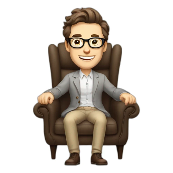 Joyful thrumbs up Pale skinned Fit Man With dark brown hair in gray jacket, beige office shirt, Brown pants and vintage glasses sitting In a soft chair sticker