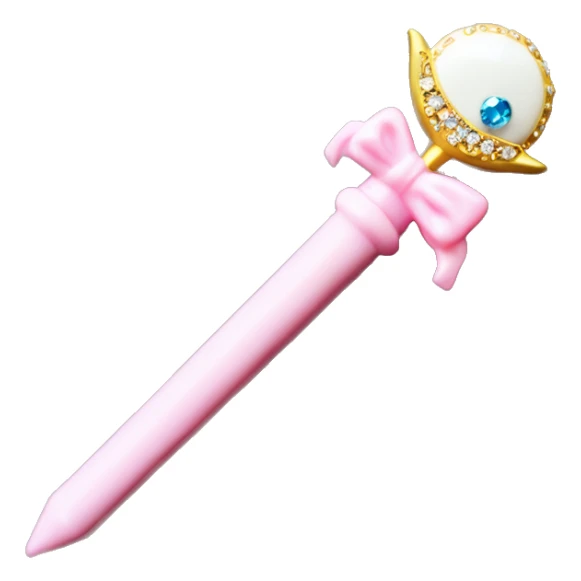 Sailor moon wand. Crescent moon on top with diamond in the crescent. Pink wand handle with little diamonds and small white wing motifs sticker