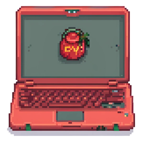 closed red laptop with 'cmv' logo on the lid, pixel art style sticker