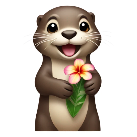 A happy and cute otter face holding a Hawaiian flower sticker