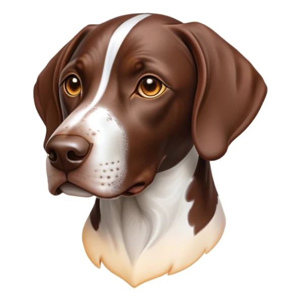 Cinematic German Pointer Portrait Emoji, Elegant and alert, sleek brown and white tones, Simplified yet sharp features, highly detailed, glowing with a warm, confident glow, high shine, intelligent and poised, stylized with an air of grace, focused and attentive, soft glowing outline, capturing the essence of agility and loyalty, so lifelike it feels as though it could spring into motion at any moment! sticker