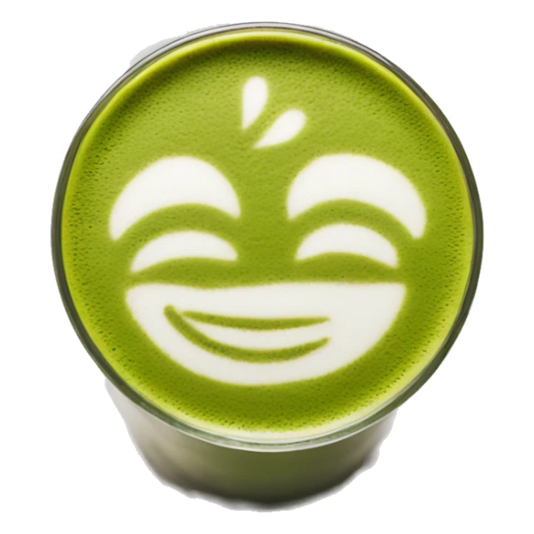 matcha latte in a clear glass with latte art sticker