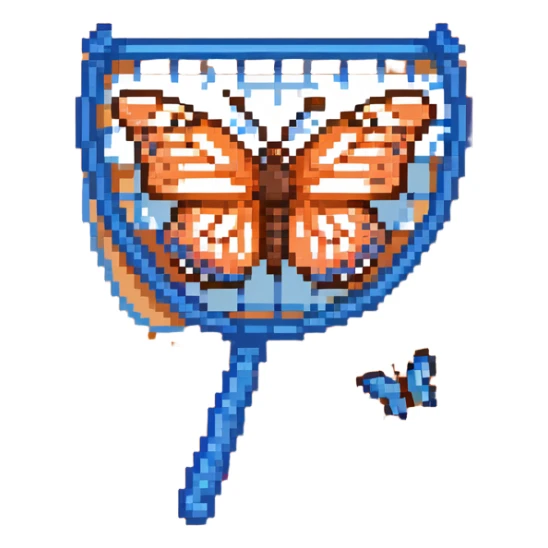 An insect-catching net with a blue handle and a butterfly inside the net sticker