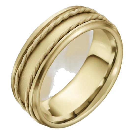A classic brushed gold wedding band with a matte finish, featuring rope-like detailing around both edges for a subtle, textured design. sticker