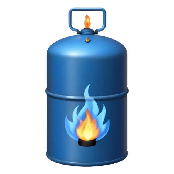 generate an ultra realistic black metal gas holder without rust and with a blue fire label sticker