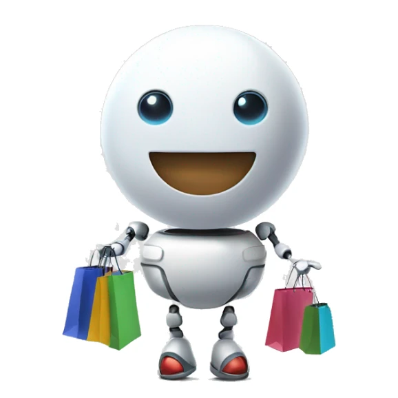 cute white floating spherical happy robot with shopping bags sticker