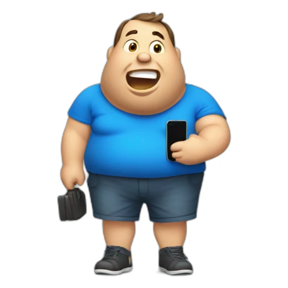 fat man in a blue shirt calling with mobile phone sticker