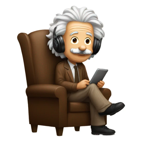 albert einstein happy listening music with just wireless headphones while sitting on the brown chair sticker