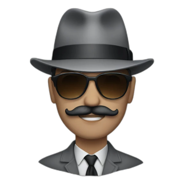 a man in gray clothes wearing a black hat, sunglasses and a moustache sticker