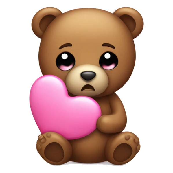 Teddy bear with sad eyes holding a pink heart sticker