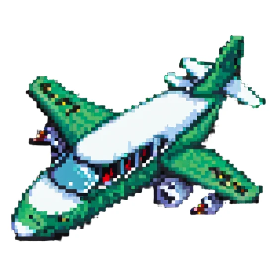 airplane with crocodile mouth open as cockpit, pixel art style sticker