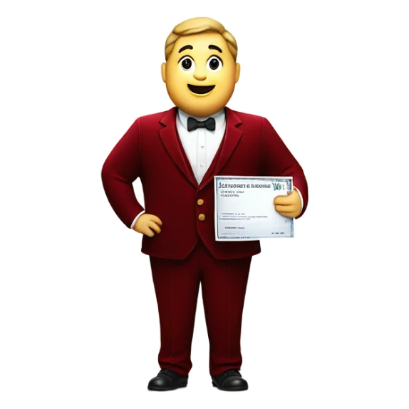 fat guy in dark red velvet suit holding cheque sticker
