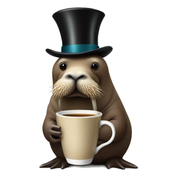 walrus drinking hot cup of coffee with a tophat sticker