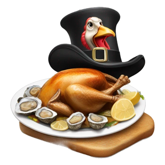 Turkey with hat slice of black toasted bread with pan of oysters, fire sticker