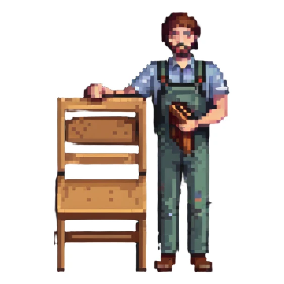 experienced furniture maker holding a wooden chair sticker