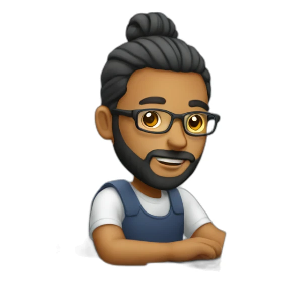 man with bun and beard at a laptop sticker
