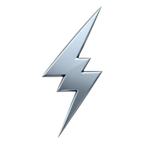 A lightning bolt emoji made of polished silver chrome, sharp yet rounded edges, glossy metallic surface, soft reflections, minimal futuristic design, iOS emoji style, centered, clean white background sticker