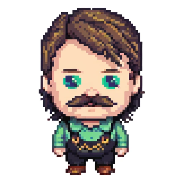 A pixelated angry office manager with a mustache and furrowed brows sticker