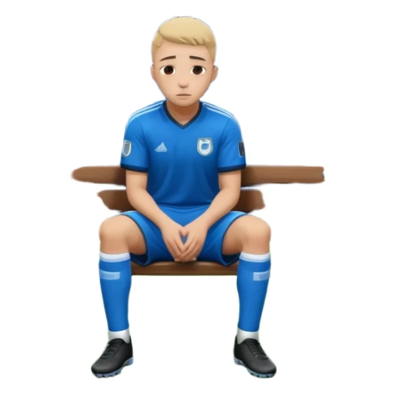 Lonely soccer player sitting on bench at night, head down, empty stadium, cold blue lighting, cinematic, emotional, realistic sticker