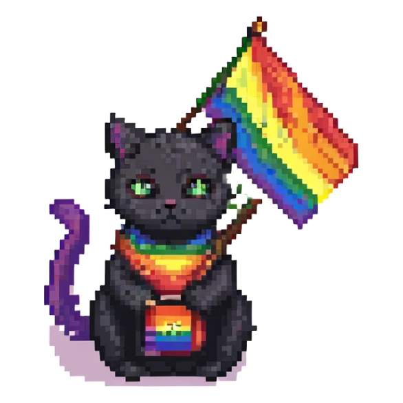 black cat with LGBT flag, pixel art style sticker