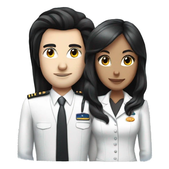 Flight attendant with long black hair and white skin with a pilot man with black hair sticker