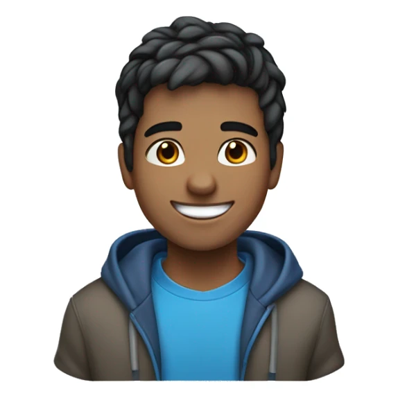 A cheerful young male digital avatar with medium skin, large brown eyes, black slicked-back hair, a bright smile, and a mole on the left cheek, wearing a blue hoodie. sticker