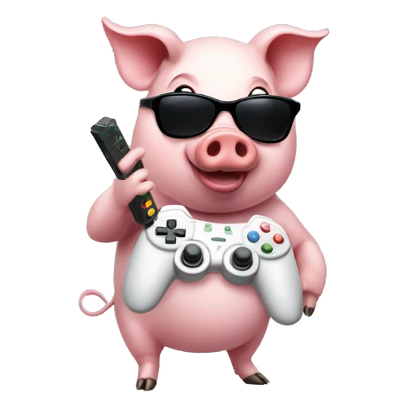 a pig with a video game controller wearing sunglasses sticker