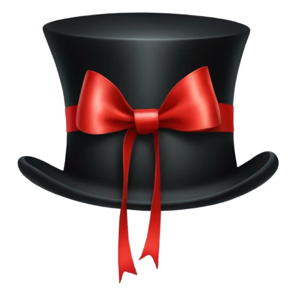 A black top hat displaying a red ribbon around the base. The ribbon forms a visible bow at the front, with the ends falling slightly over  sticker