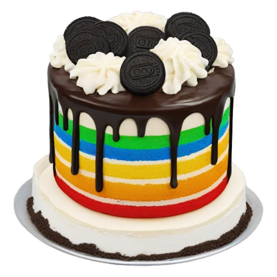 Classic round Rainbow cake with chocolate frosting and vanilla frosting with Oreos on top sticker