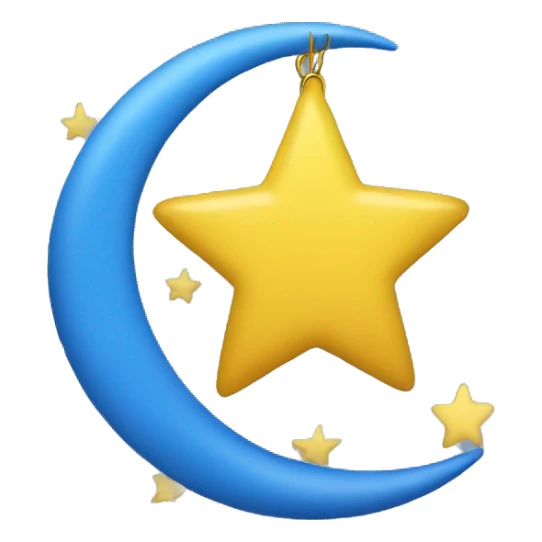yellow star hanging from end of blue crescent moon sticker