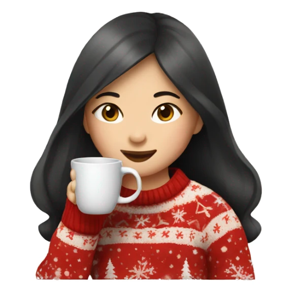 asian girl drinking coffee wearing Christmas sweater sticker