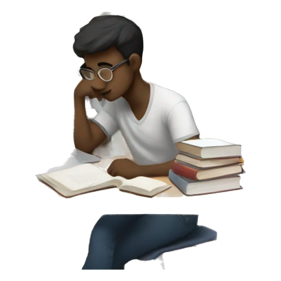 A tired student studies among books and a computer  sticker