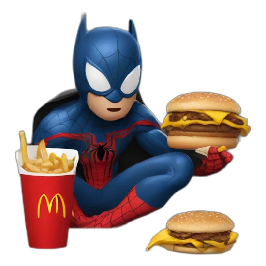 Spider-Man eating from McDonalds with batman sticker
