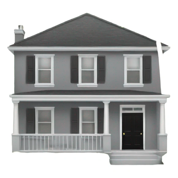 Grey 2 story house white trim black front door and palm trees sticker