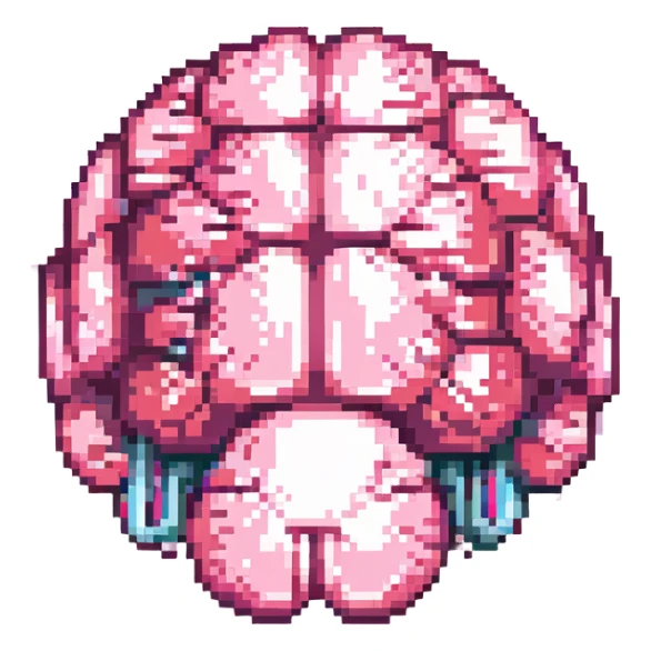 Make this pink melting brain icon more 3D with enhanced depth, shading, and highlights. Keep it fully front facing with pixel art accents. Background transparent. sticker