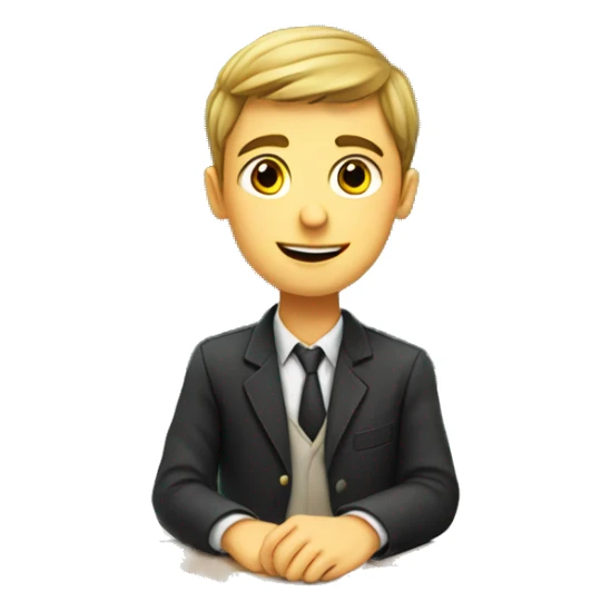 European schoolboy sitting at desk,  computer on desk sticker