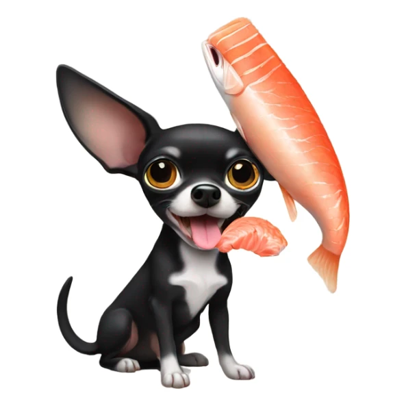 Black chihuahua with salmon in mouth sticker