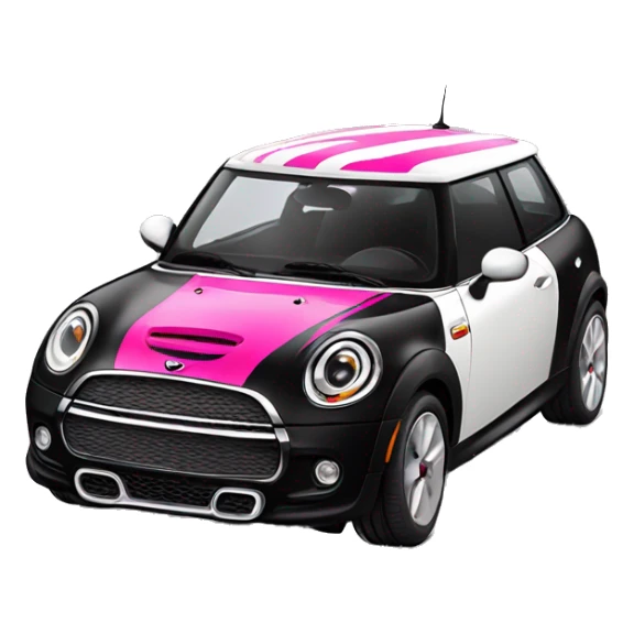 Black mini cooper, white roof, hot pink stripes sticker