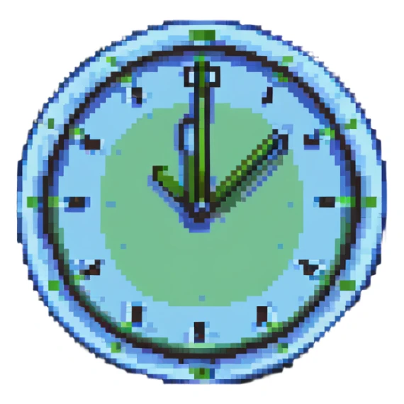 pixel art style clock with soft blue and green palette, representing tame time sticker