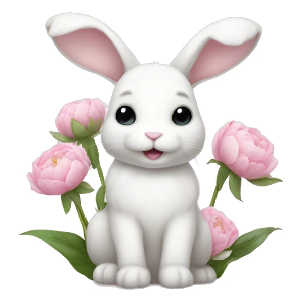cute white bunny holding light pink peonies sticker
