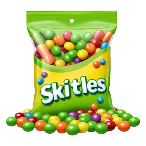 Skittles candy package with green candies spilling out, minimalist sticker