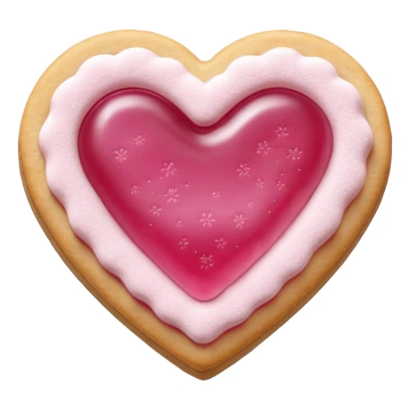 Realistic shortbread cookie in the shape of a heart with pink jelly middle filling and sprinkled powder sugar on top. sticker